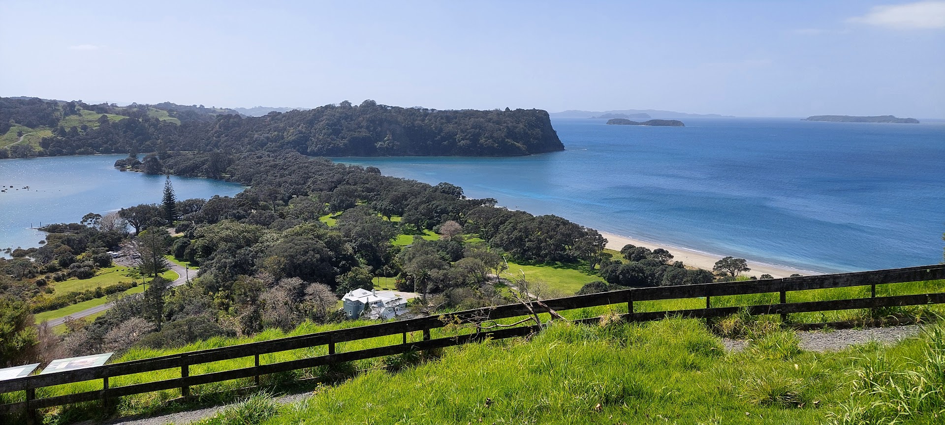 A sweeping view of Wenderholm Regional Park with the Puhoi River meeting the sea.